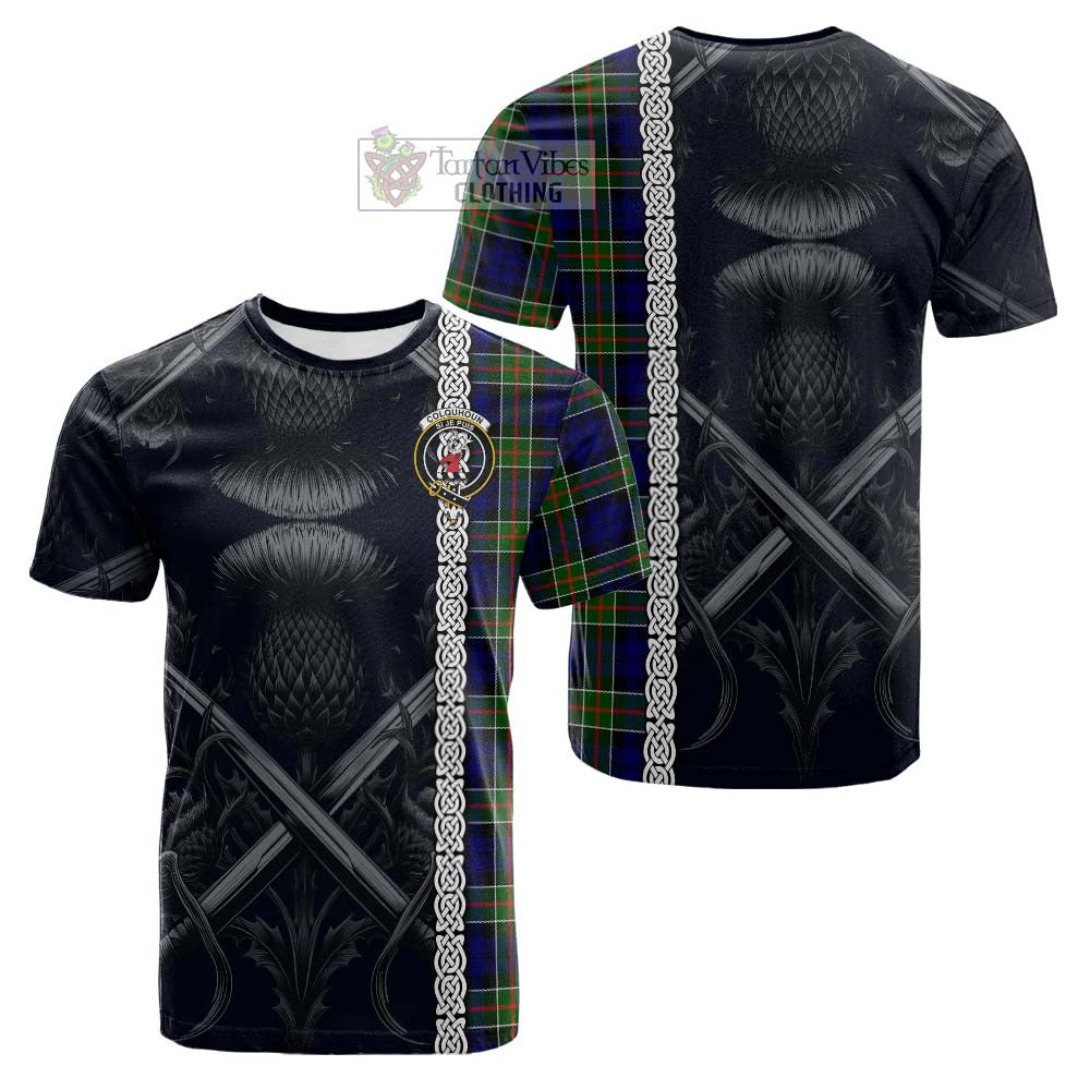Tartan Vibes Clothing Colquhoun Tartan Cotton T-shirt with Family Crest Cross Sword Thistle Celtic Vibes