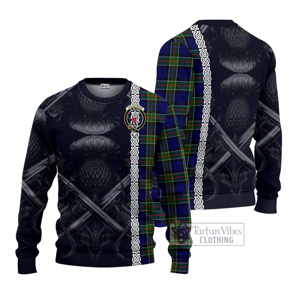 Tartan Vibes Clothing Colquhoun Tartan Knitted Sweater with Family Crest Cross Sword Thistle Celtic Vibes