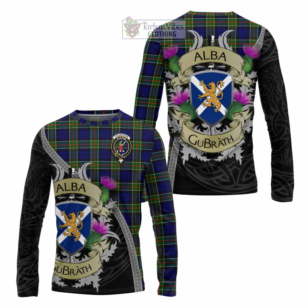 Tartan Vibes Clothing Colquhoun Tartan Family Crest Long Sleeve T-Shirt Lion Rampant Royal Thistle Shield Celtic Inspired