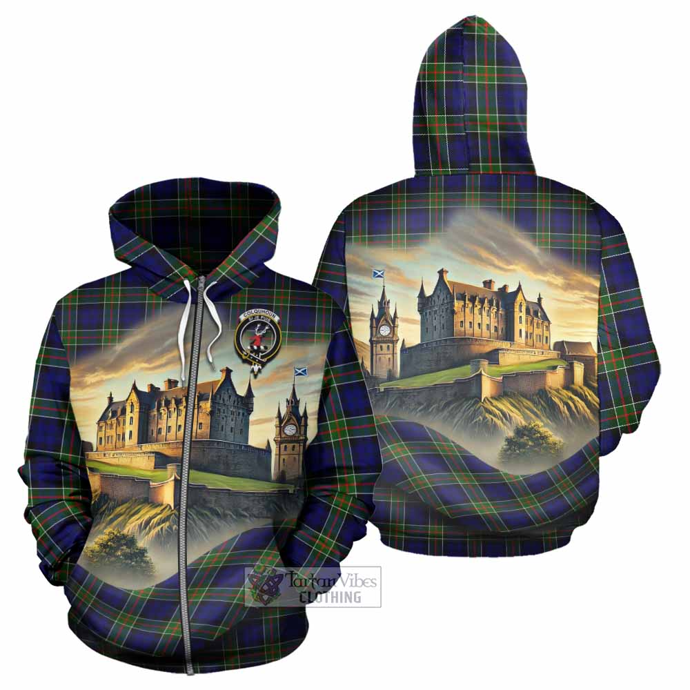 Tartan Vibes Clothing Colquhoun Tartan Family Crest Hoodie with Scottish Ancient Castle Style