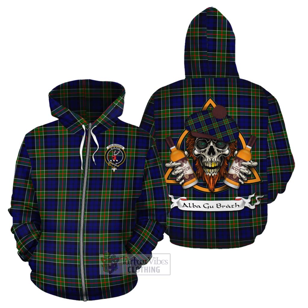 Tartan Vibes Clothing Colquhoun Tartan Cotton Hoodie with Family Crest and Bearded Skull Holding Bottles of Whiskey