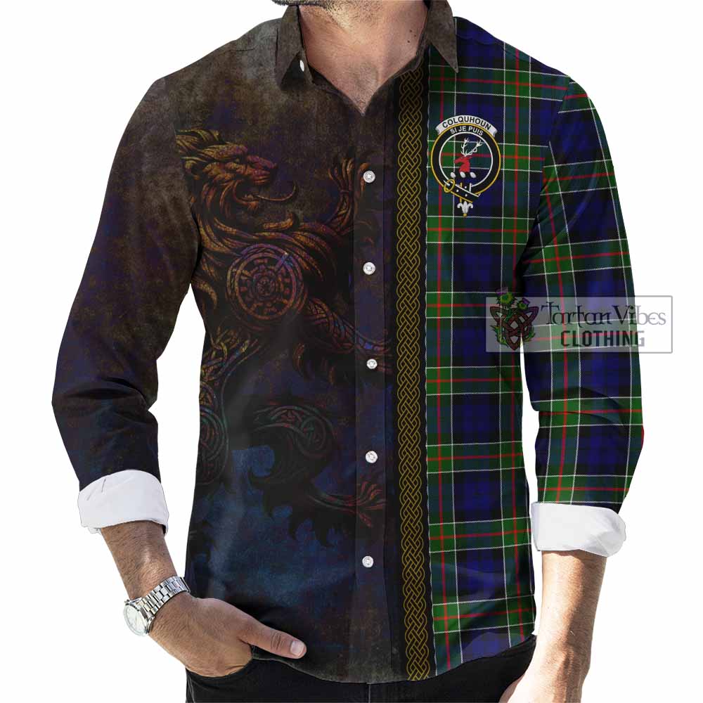 Tartan Vibes Clothing Colquhoun Tartan Family Crest Long Sleeve Button Shirt Alba Gu Brath Be Brave Lion Ancient Style