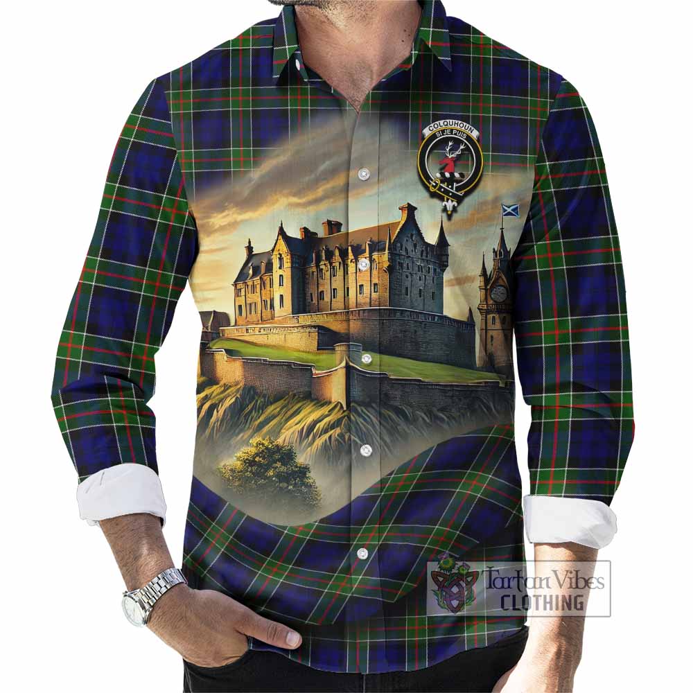 Tartan Vibes Clothing Colquhoun Tartan Family Crest Long Sleeve Button Shirt with Scottish Ancient Castle Style