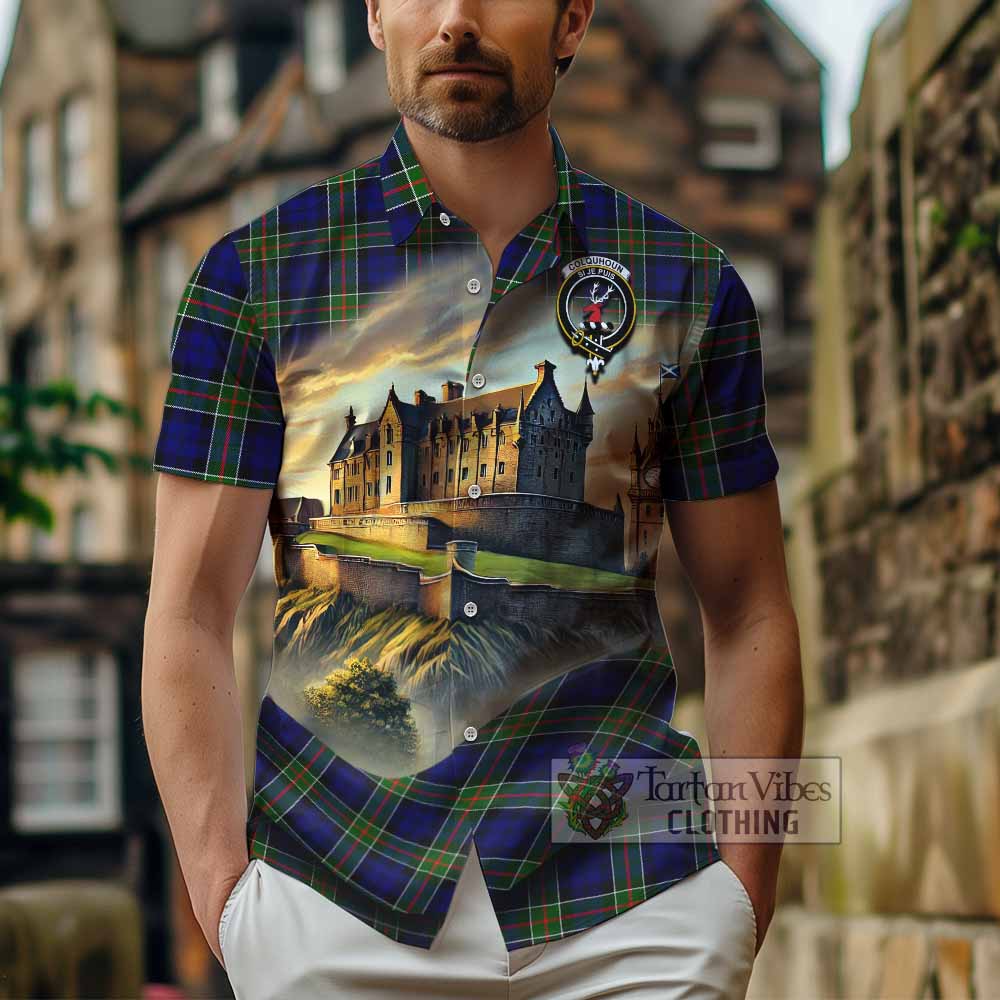 Tartan Vibes Clothing Colquhoun Tartan Family Crest Short Sleeve Button Shirt with Scottish Ancient Castle Style