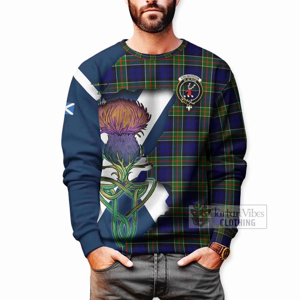 Tartan Vibes Clothing Colquhoun Tartan Family Crest Sweatshirt Scottish Thistle Celtic Inspired