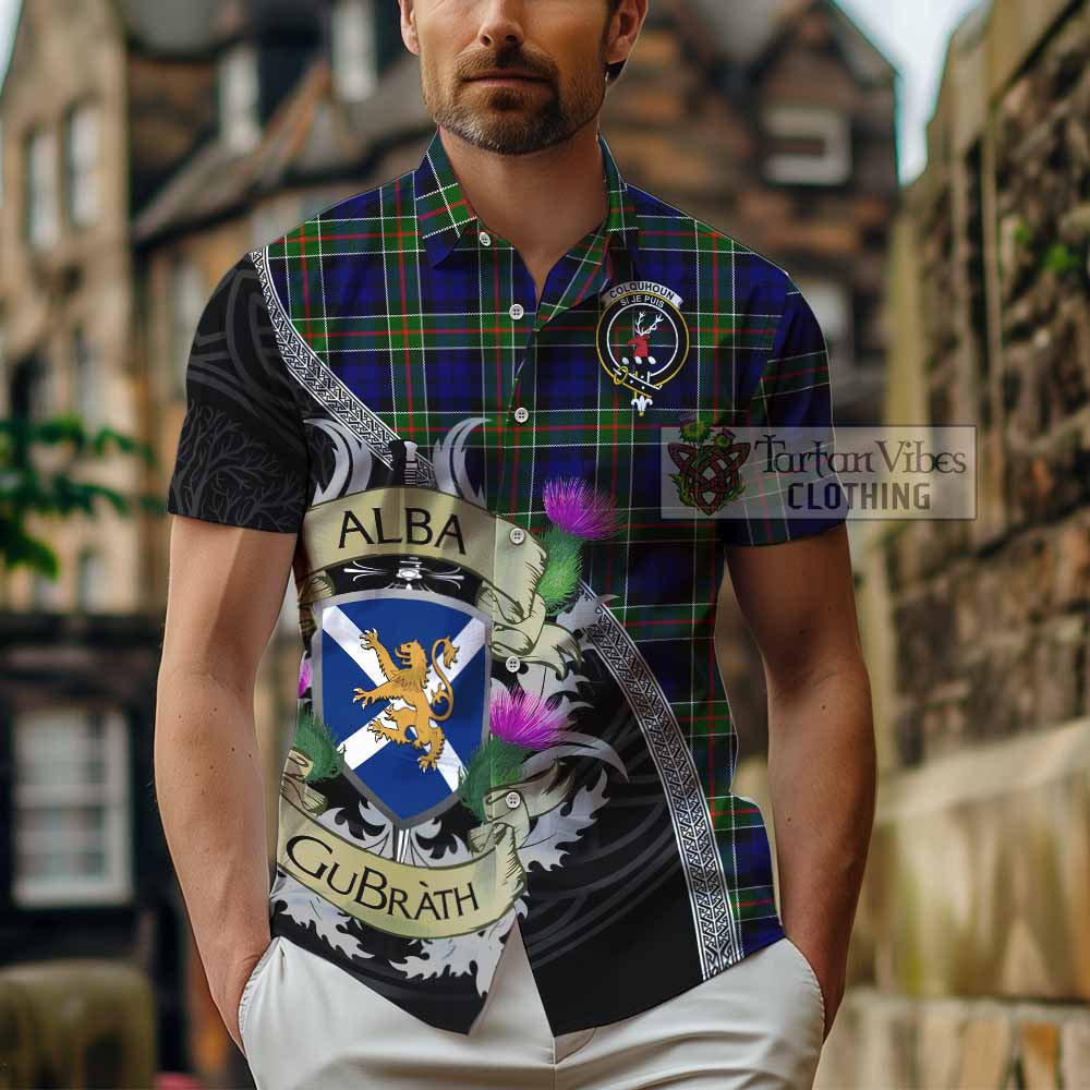Tartan Vibes Clothing Colquhoun Tartan Family Crest Short Sleeve Button Shirt Lion Rampant Royal Thistle Shield Celtic Inspired