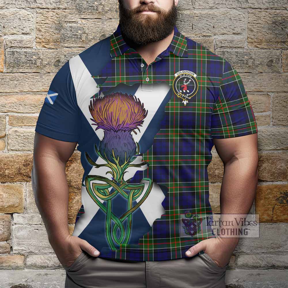 Tartan Vibes Clothing Colquhoun Tartan Family Crest Polo Shirt Scottish Thistle Celtic Inspired