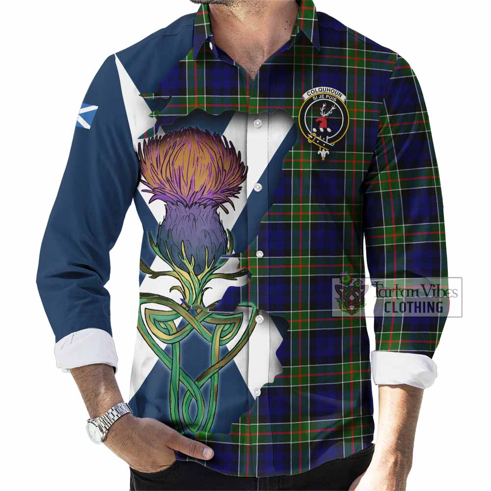 Tartan Vibes Clothing Colquhoun Tartan Family Crest Long Sleeve Button Shirt Scottish Thistle Celtic Inspired