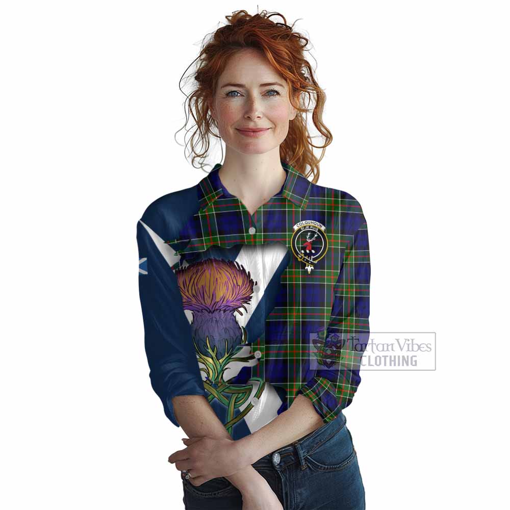 Tartan Vibes Clothing Colquhoun Tartan Family Crest Women's Casual Shirt Scottish Thistle Celtic Inspired