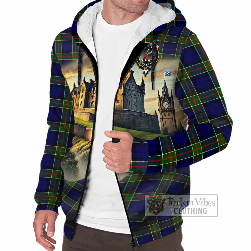 Tartan Vibes Clothing Colquhoun Tartan Family Crest Sherpa Hoodie with Scottish Ancient Castle Style