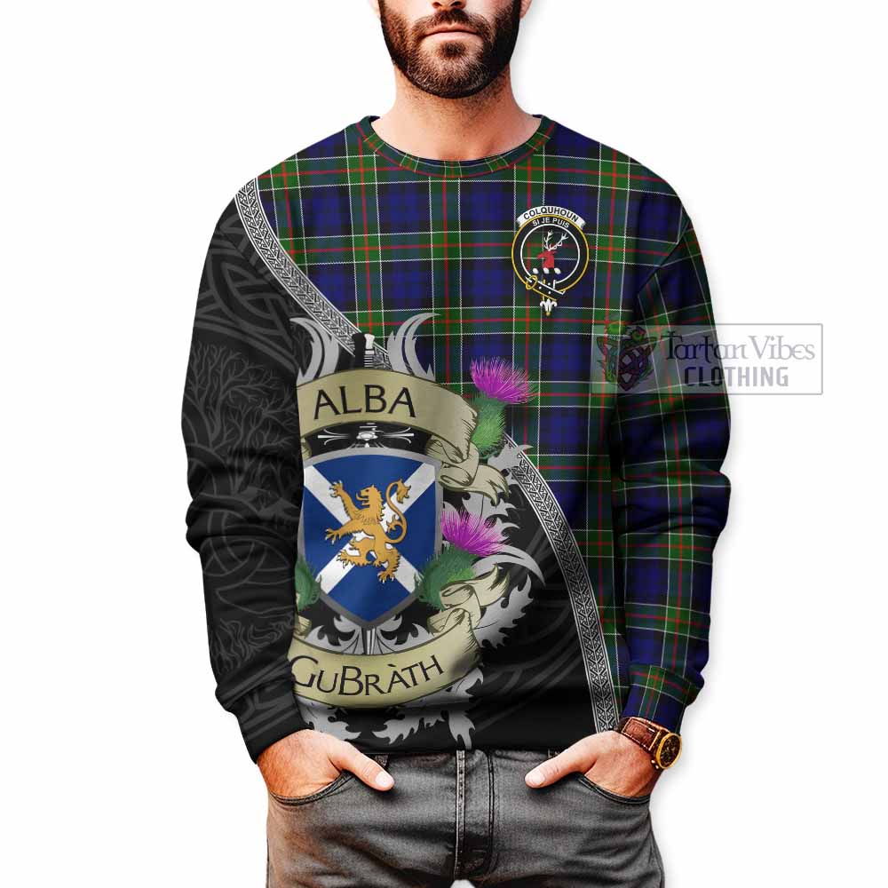 Tartan Vibes Clothing Colquhoun Tartan Family Crest Sweatshirt Lion Rampant Royal Thistle Shield Celtic Inspired