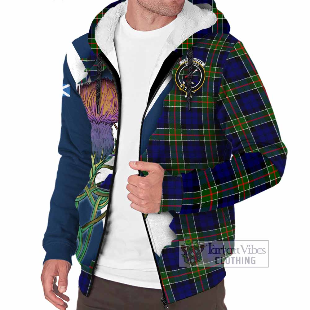 Tartan Vibes Clothing Colquhoun Tartan Family Crest Sherpa Hoodie Scottish Thistle Celtic Inspired