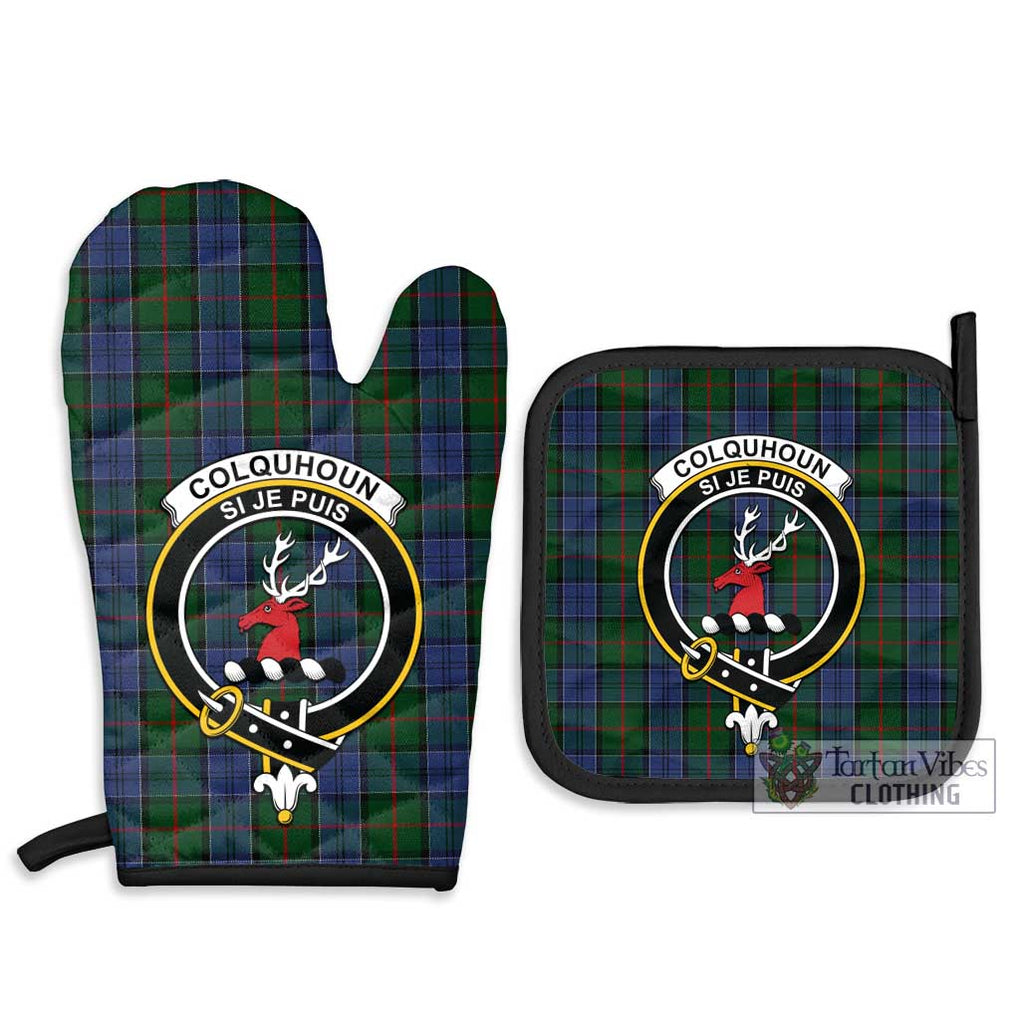Colquhoun Tartan Combo Oven Mitt & Pot-Holder with Family Crest Combo 1 Oven Mitt & 2 Pot-Holder Black - Tartan Vibes Clothing