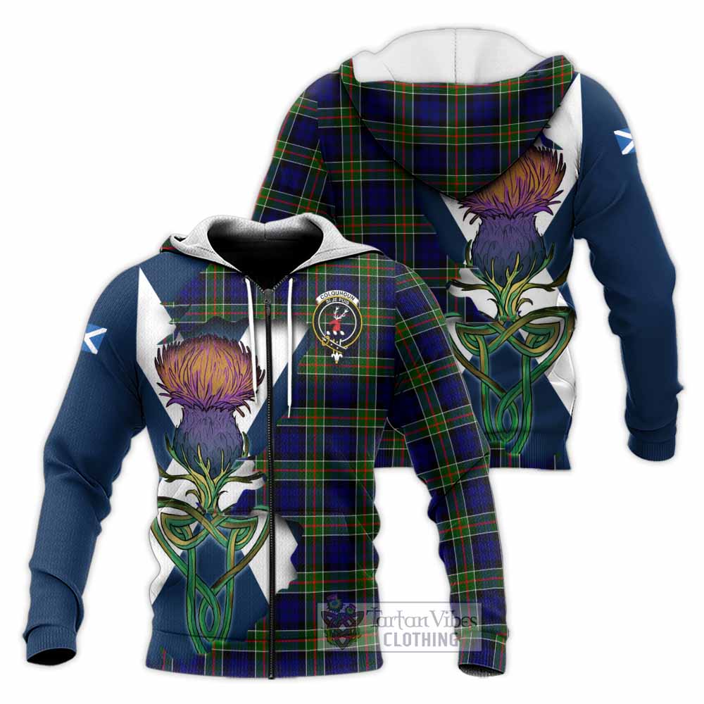 Tartan Vibes Clothing Colquhoun Tartan Family Crest Knitted Hoodie Scottish Thistle Celtic Inspired