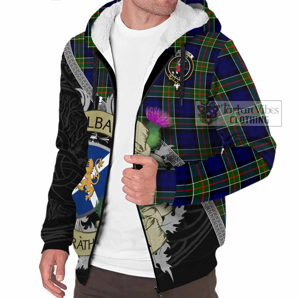 Tartan Vibes Clothing Colquhoun Tartan Family Crest Sherpa Hoodie Lion Rampant Royal Thistle Shield Celtic Inspired