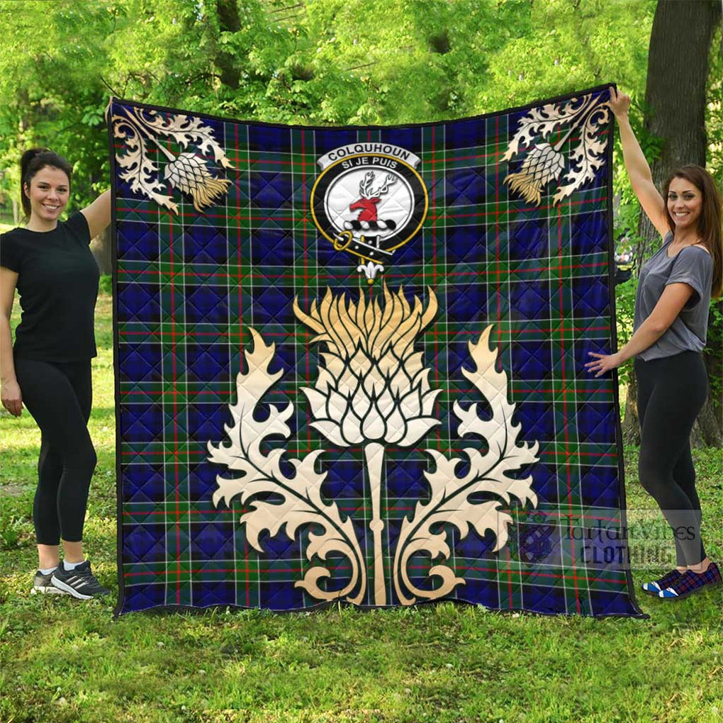 Colquhoun Tartan Quilt with Family Crest and Golden Thistle Style - Tartan Vibes Clothing