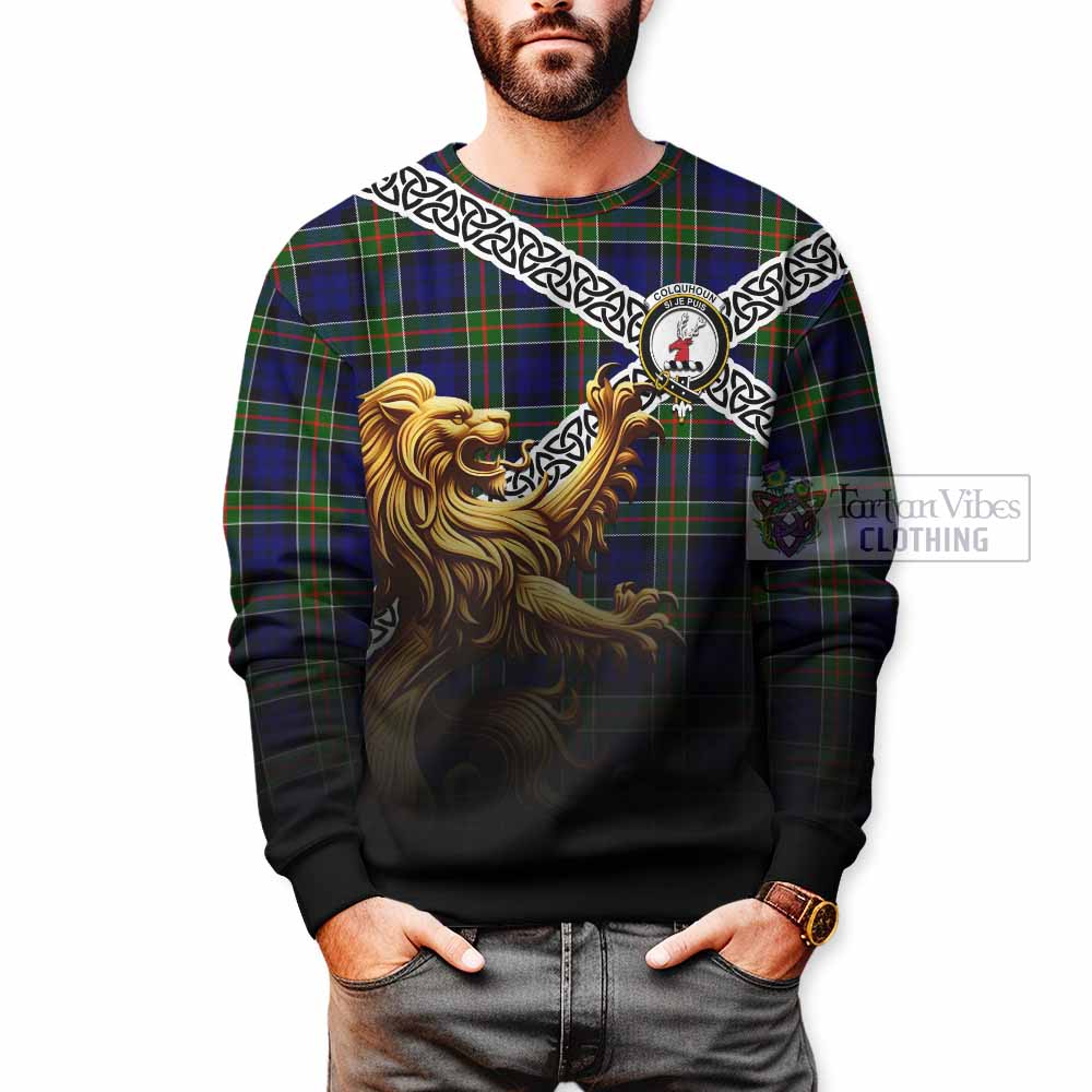 Tartan Vibes Clothing Colquhoun Crest Tartan Sweatshirt with Golden Lion Emblem Celtic Style