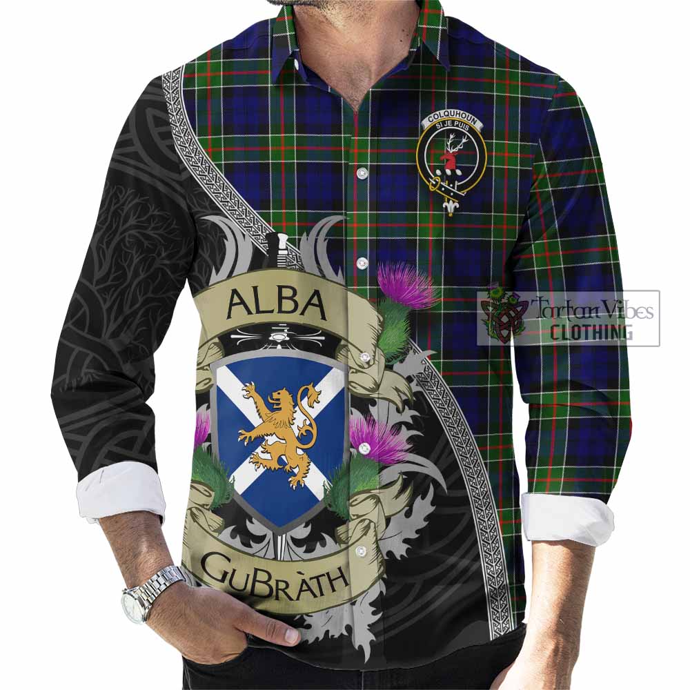 Tartan Vibes Clothing Colquhoun Tartan Family Crest Long Sleeve Button Shirt Lion Rampant Royal Thistle Shield Celtic Inspired