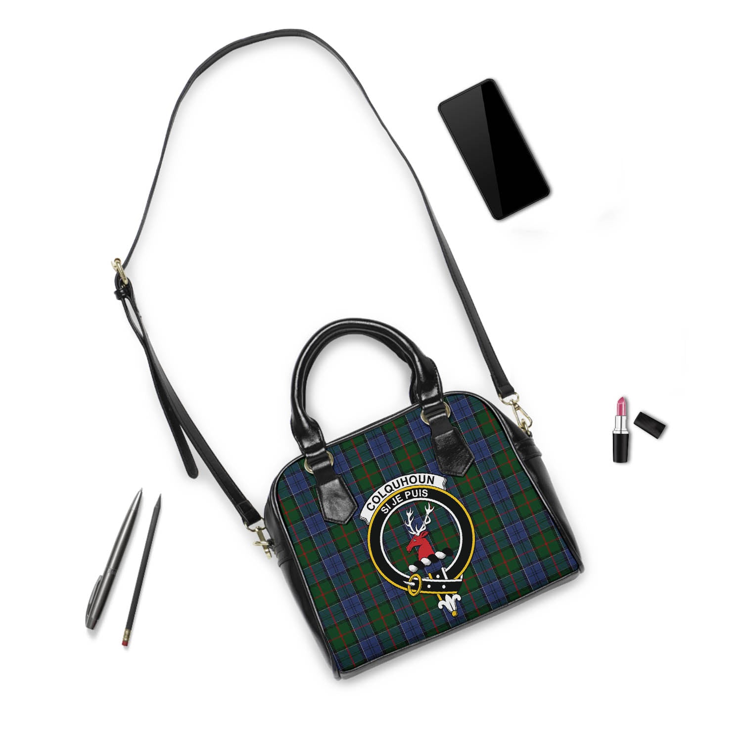 Colquhoun Tartan Shoulder Handbags with Family Crest - Tartanvibesclothing