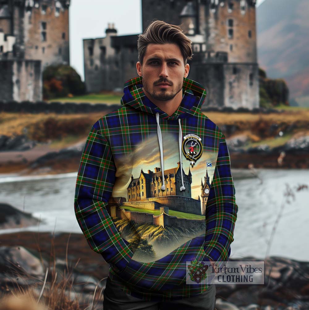 Tartan Vibes Clothing Colquhoun Tartan Family Crest Cotton Hoodie with Scottish Ancient Castle Style