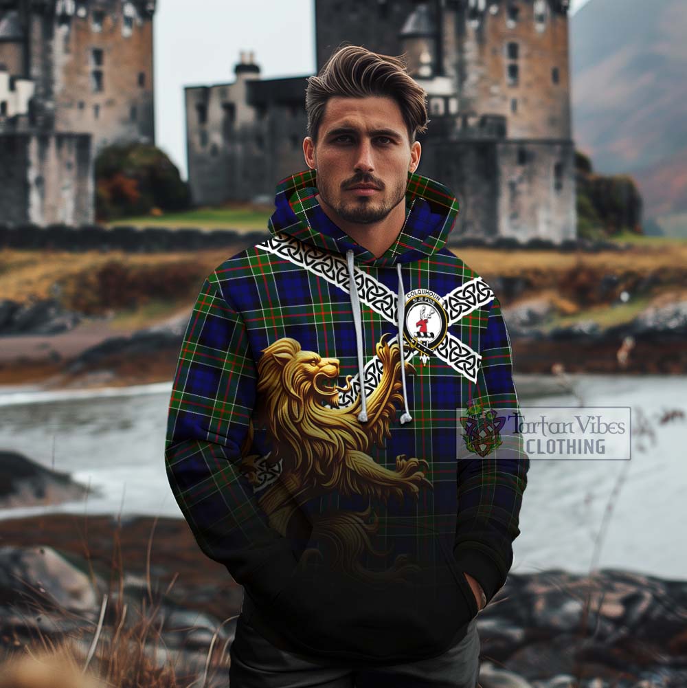 Tartan Vibes Clothing Colquhoun Crest Tartan Cotton Hoodie with Golden Lion Emblem Celtic Style