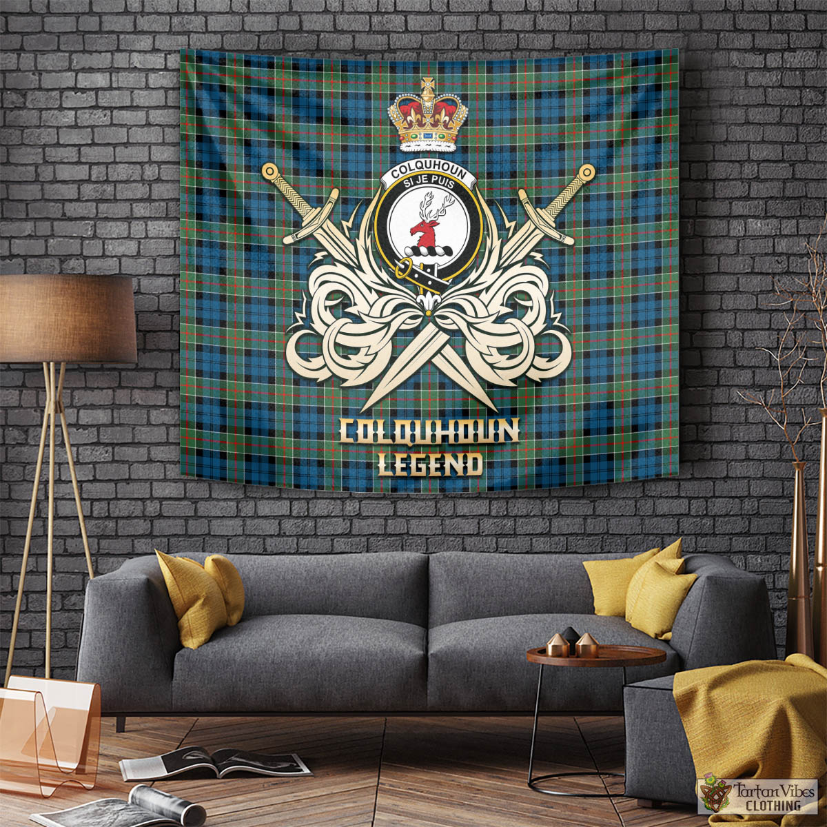 Tartan Vibes Clothing Colquhoun Ancient Tartan Tapestry with Clan Crest and the Golden Sword of Courageous Legacy