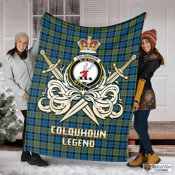 Colquhoun Ancient Tartan Blanket with Clan Crest and the Golden Sword of Courageous Legacy