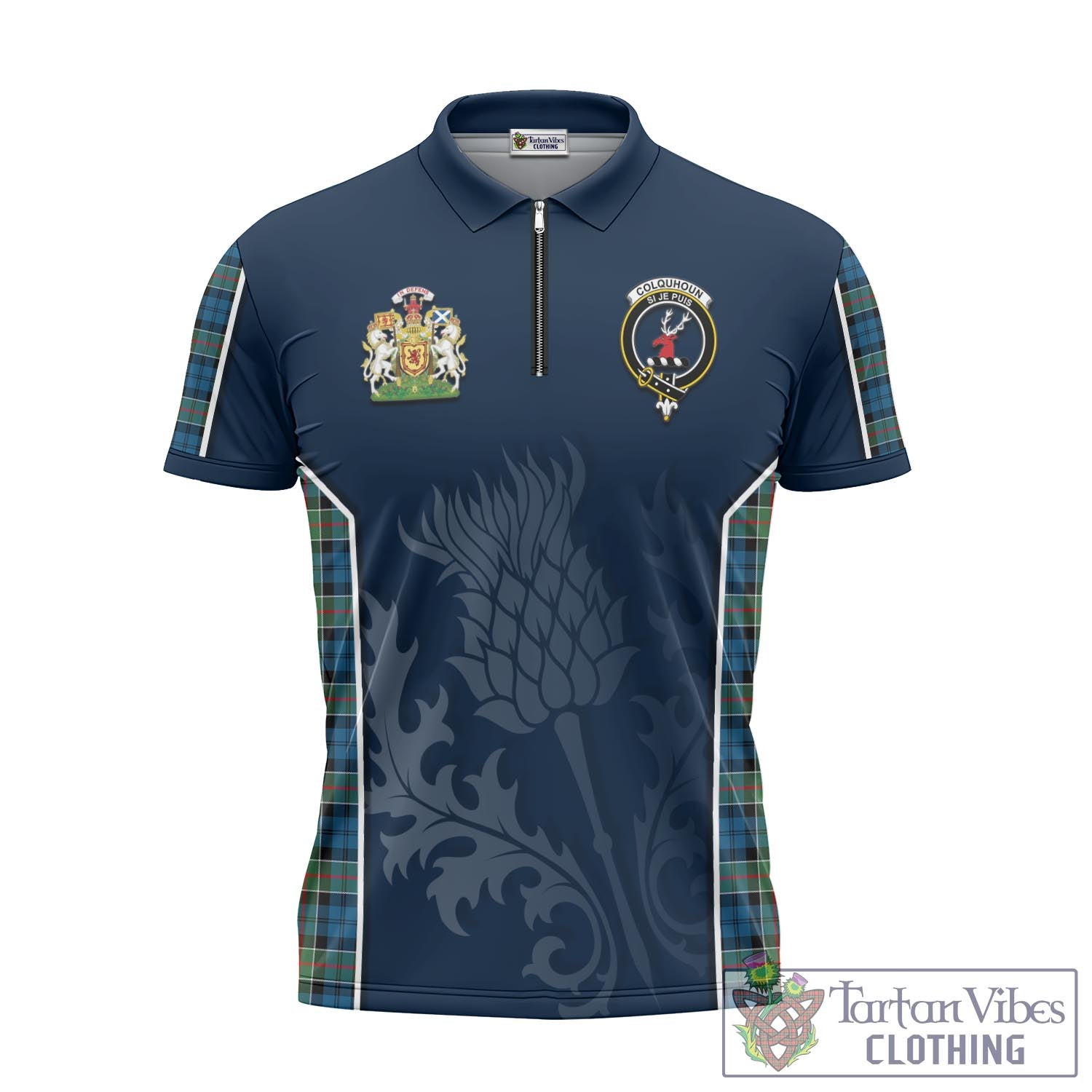Tartan Vibes Clothing Colquhoun Ancient Tartan Zipper Polo Shirt with Family Crest and Scottish Thistle Vibes Sport Style