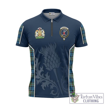 Colquhoun Ancient Tartan Zipper Polo Shirt with Family Crest and Scottish Thistle Vibes Sport Style