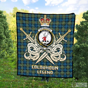 Colquhoun Ancient Tartan Quilt with Clan Crest and the Golden Sword of Courageous Legacy