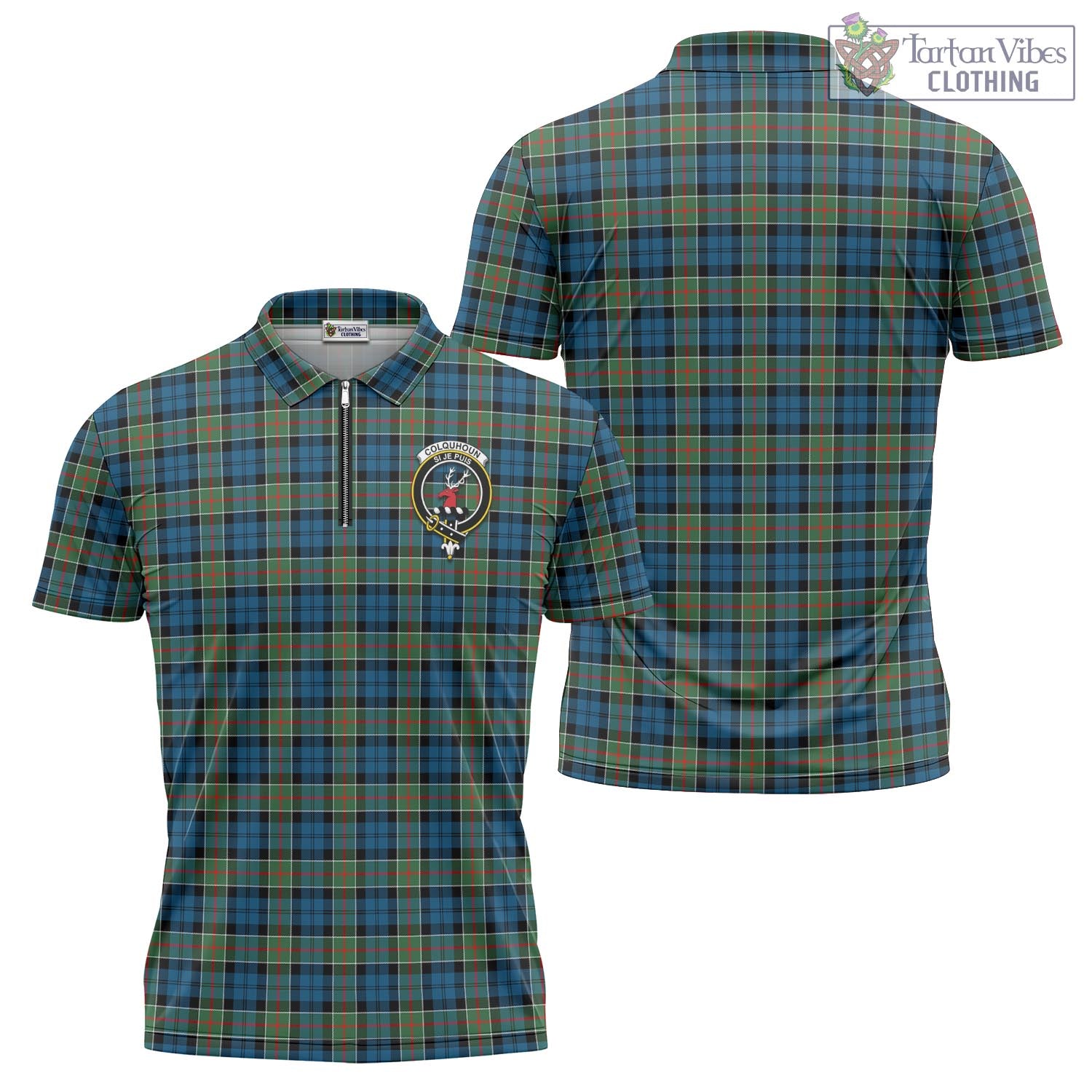 Tartan Vibes Clothing Colquhoun Ancient Tartan Zipper Polo Shirt with Family Crest