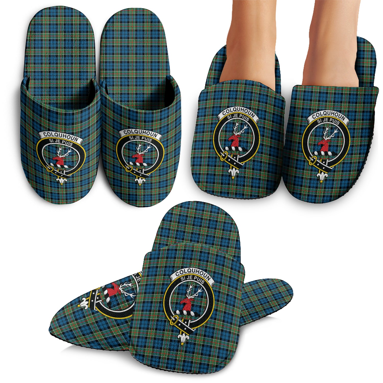 Colquhoun Ancient Tartan Home Slippers with Family Crest - Tartanvibesclothing