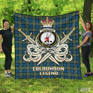 Colquhoun Ancient Tartan Quilt with Clan Crest and the Golden Sword of Courageous Legacy