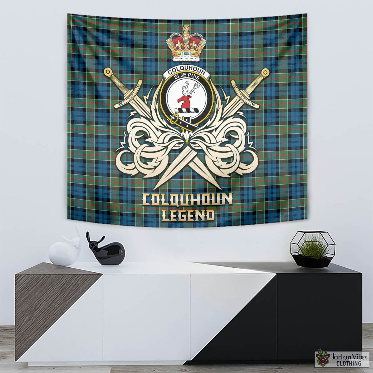 Tartan Vibes Clothing Colquhoun Ancient Tartan Tapestry with Clan Crest and the Golden Sword of Courageous Legacy