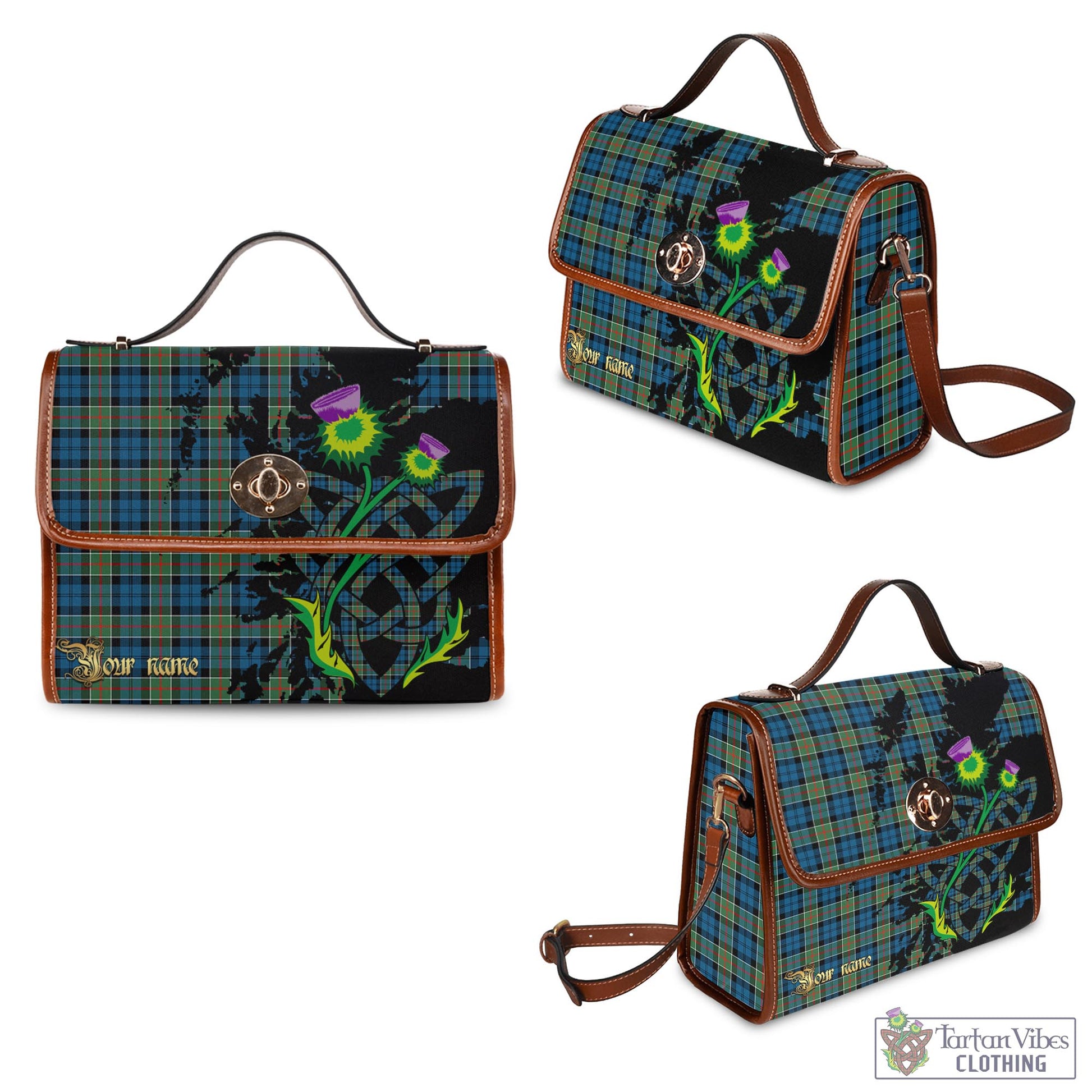 Tartan Vibes Clothing Colquhoun Ancient Tartan Waterproof Canvas Bag with Scotland Map and Thistle Celtic Accents
