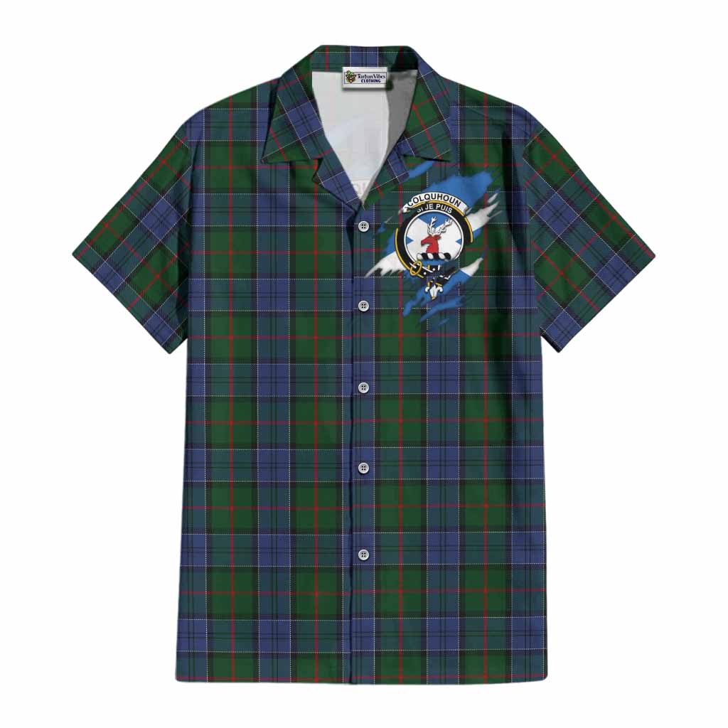Colquhoun Clan Crest In Me Tartan Cotton Hawaiian Shirt Scotland Flag Style