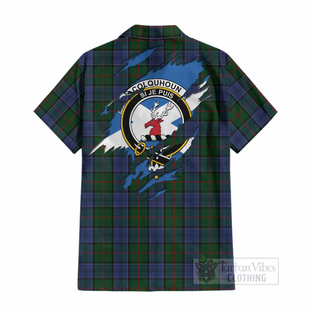 Colquhoun Clan Crest In Me Tartan Cotton Hawaiian Shirt Scotland Flag Style