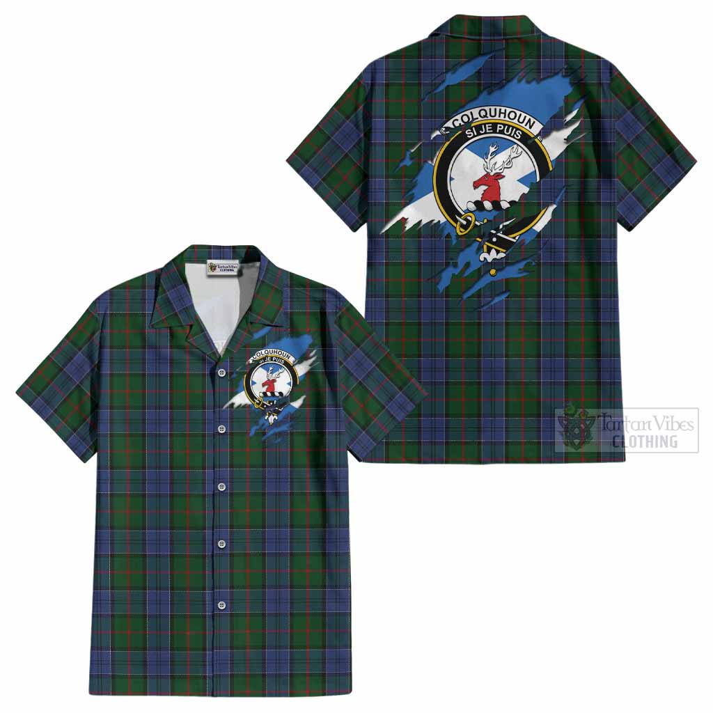 Colquhoun Clan Crest In Me Tartan Cotton Hawaiian Shirt Scotland Flag Style