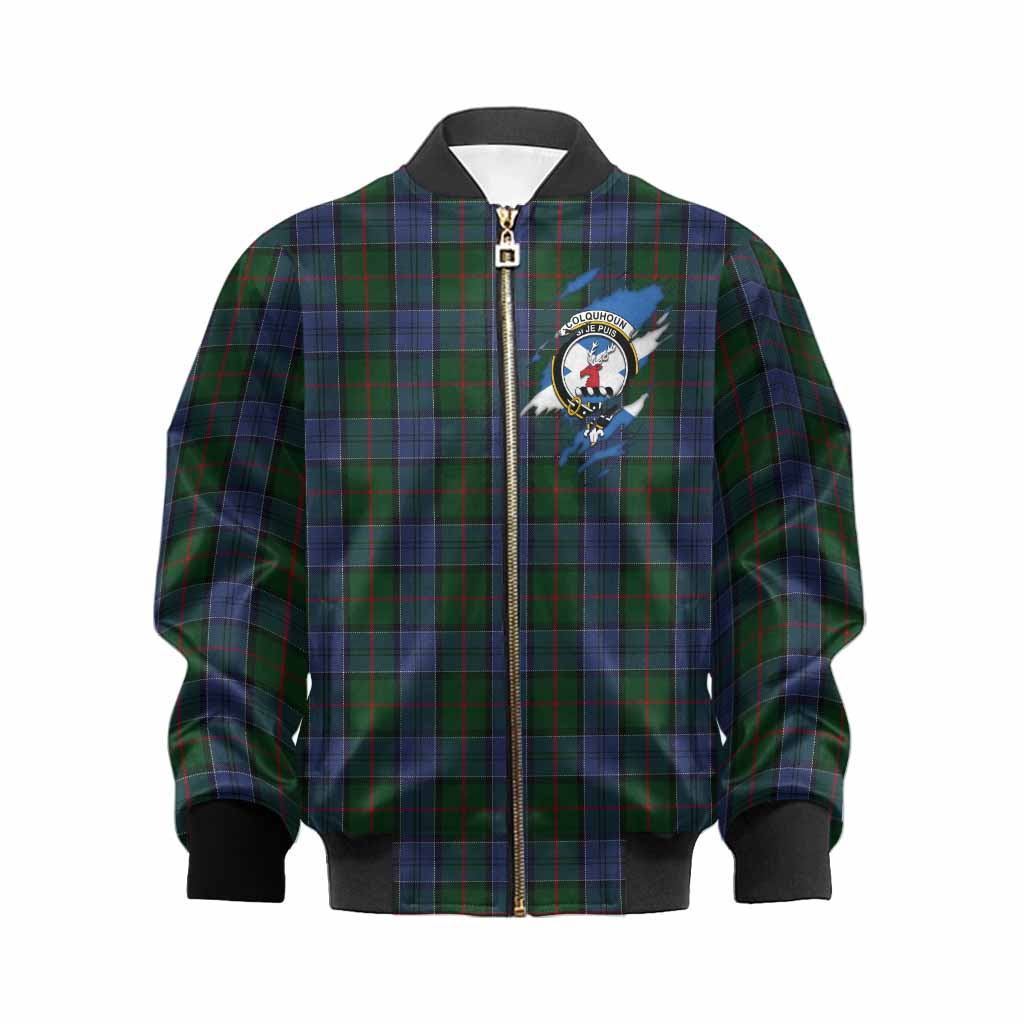 Colquhoun Clan Crest In Me Tartan Kid Bomber Jacket Scotland Flag Style
