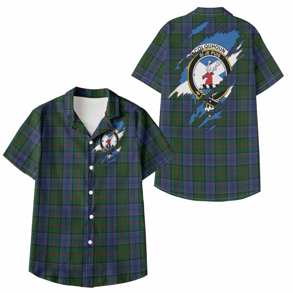 Colquhoun Clan Crest In Me Tartan Kid Hawaiian Shirt Scotland Flag Style