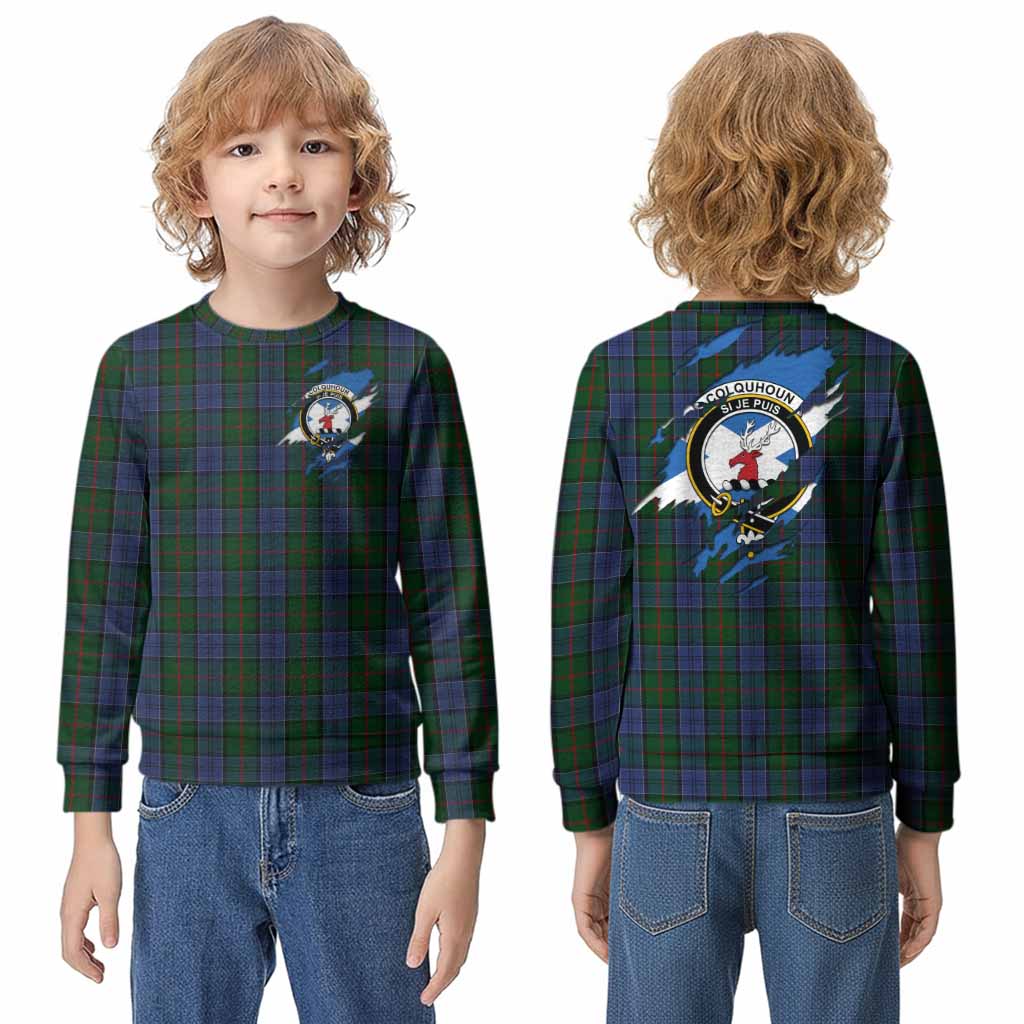 Colquhoun Clan Crest In Me Tartan Kid Knitted Sweatshirt Scotland Flag Style