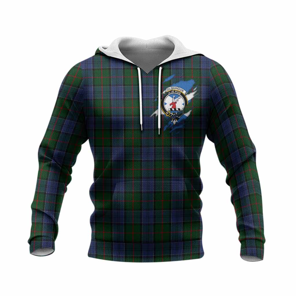 Colquhoun Clan Crest In Me Tartan Knitted Hoodie Scotland Flag Style