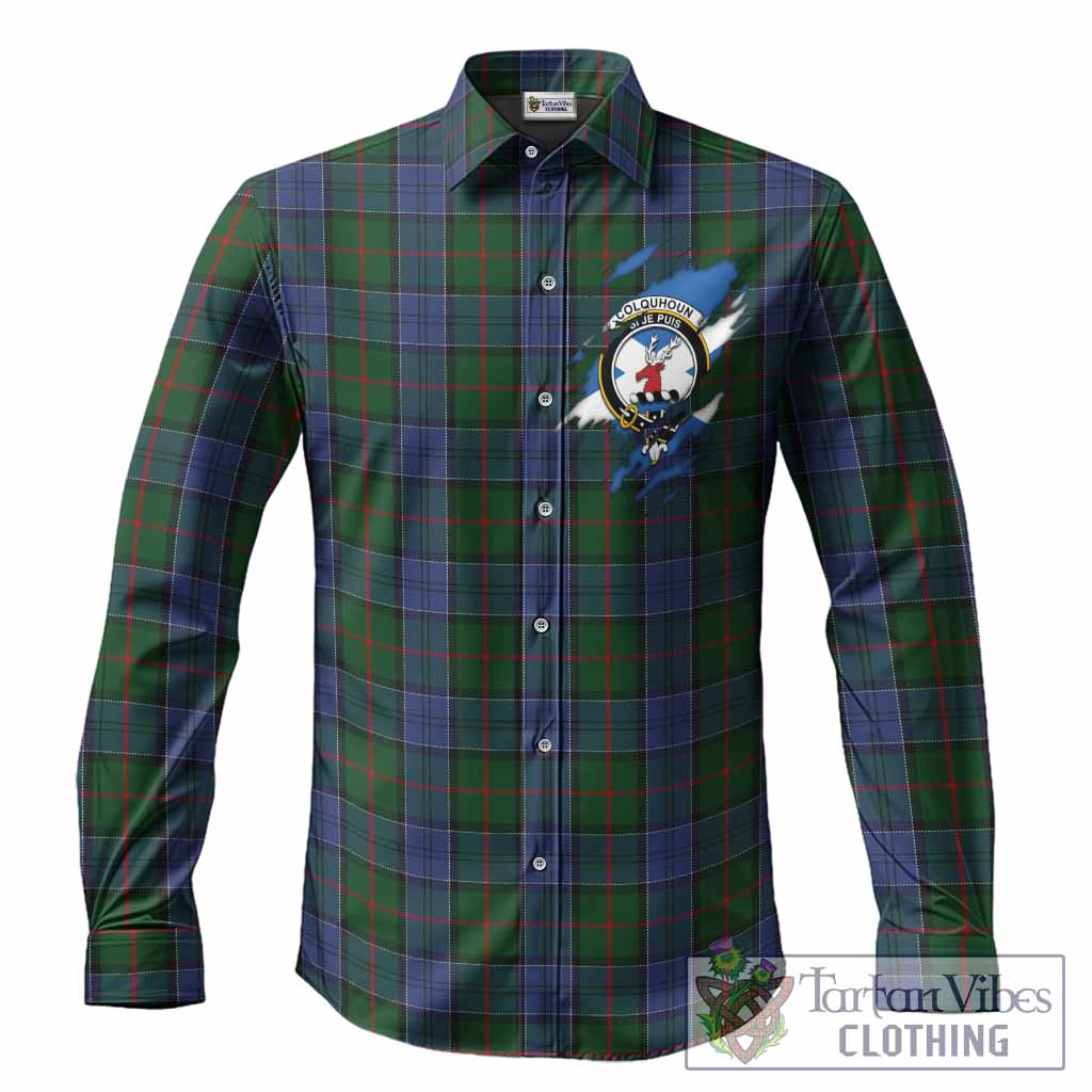 Colquhoun Clan Crest In Me Tartan Long Sleeve Button Shirts Scotland Flag Style
