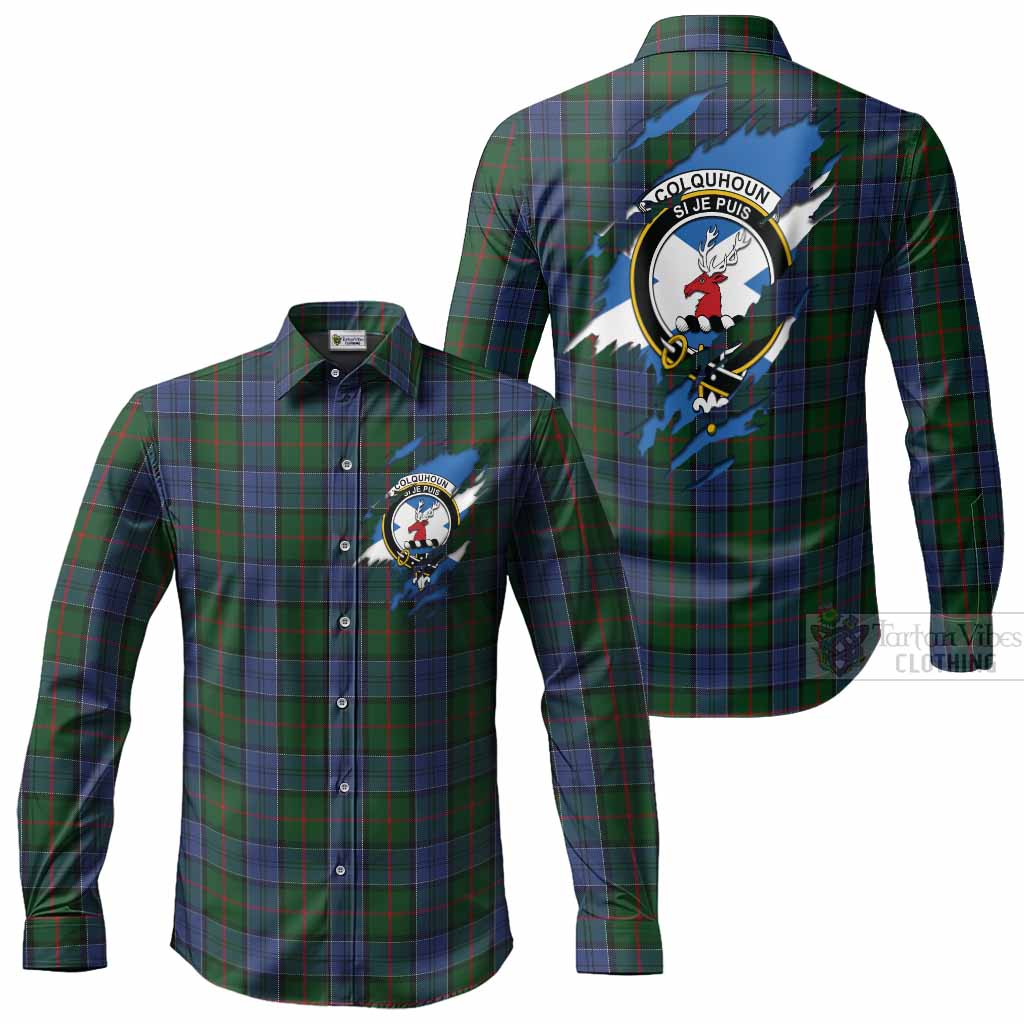 Colquhoun Clan Crest In Me Tartan Long Sleeve Button Shirts Scotland Flag Style
