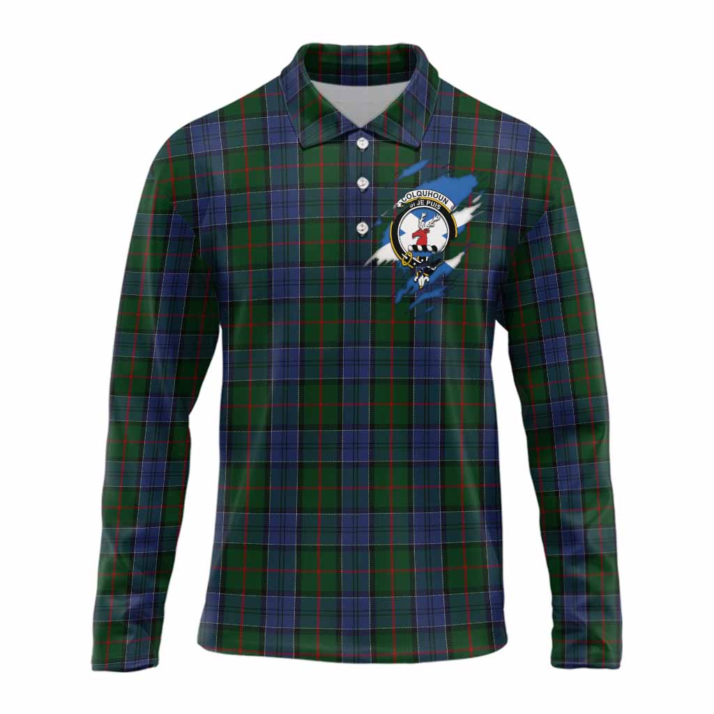 Colquhoun Clan Crest In Me Tartan Long Sleeve Polo Shirt Scotland Flag Style