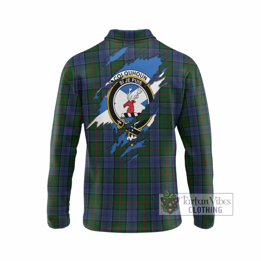 Colquhoun Clan Crest In Me Tartan Long Sleeve Polo Shirt Scotland Flag Style