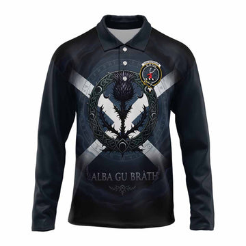 Colquhoun Clan Crest Long Sleeve Polo Shirt with Celtic Knot Thistle and Saltire