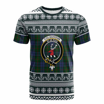 Colquhoun Clan Tartan Christmas Cotton T-shirt with Family Crest