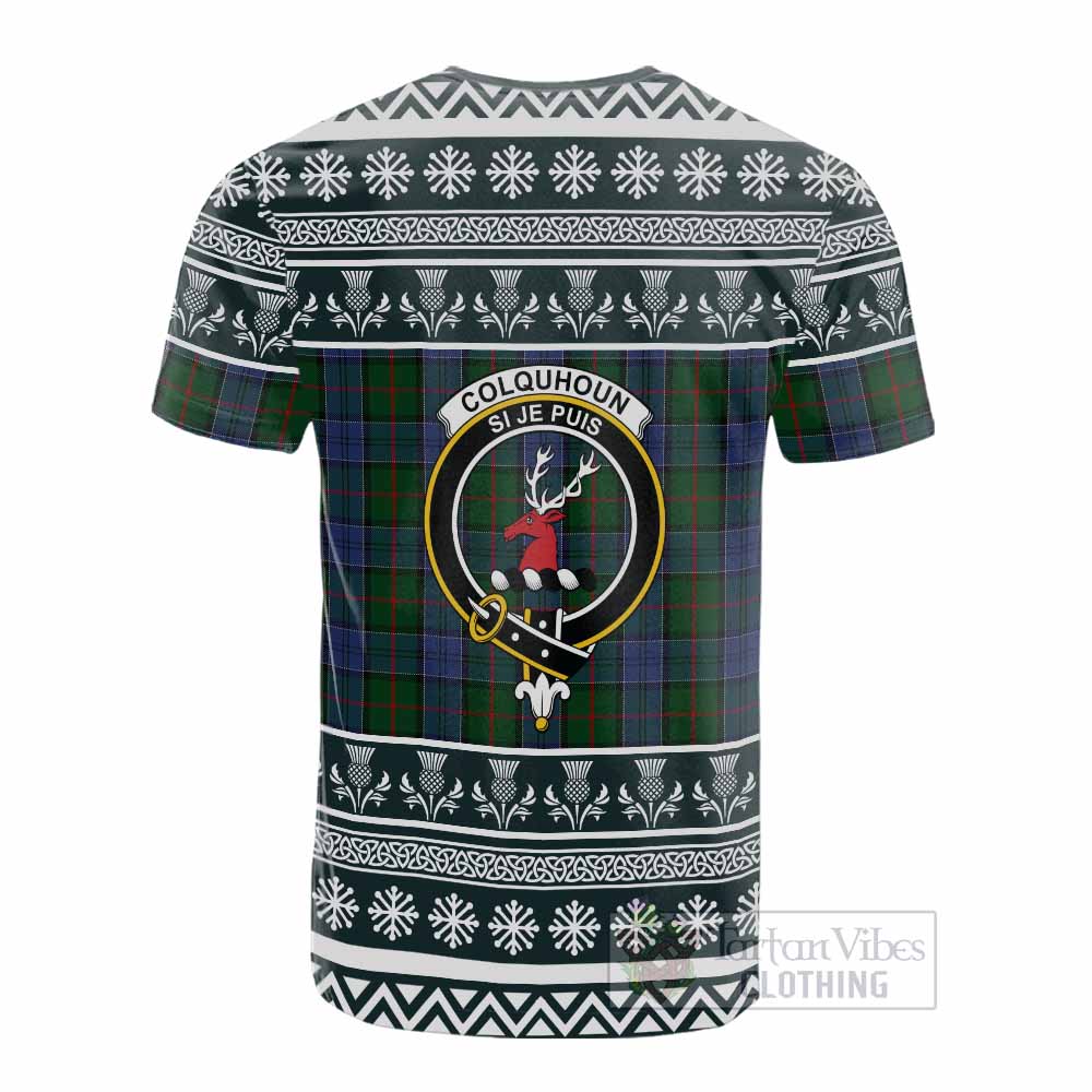 Colquhoun Clan Tartan Christmas Cotton T-shirt with Family Crest - Tartan Vibes Clothing