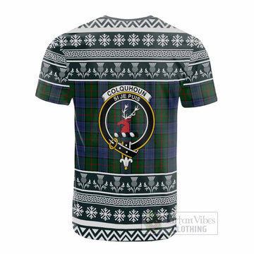 Colquhoun Clan Tartan Christmas Cotton T-shirt with Family Crest